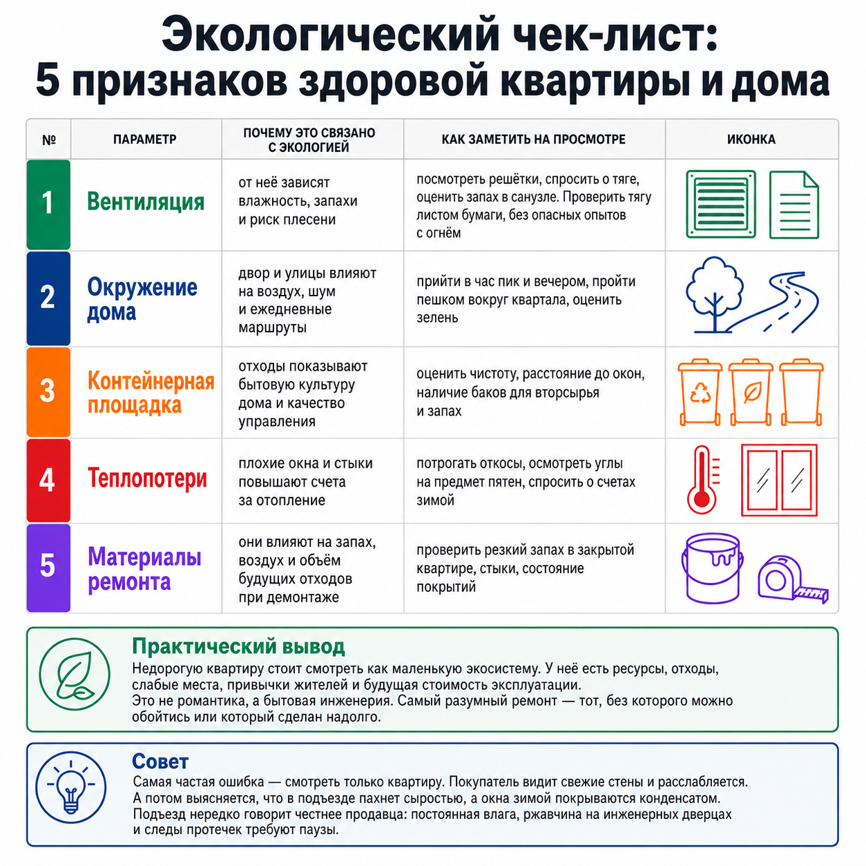 Экологический чек-лист здоровой квартиры: 5 параметров — вентиляция, окружение дома, контейнерная площадка, теплопотери и материалы ремонта с советами по осмотру.
