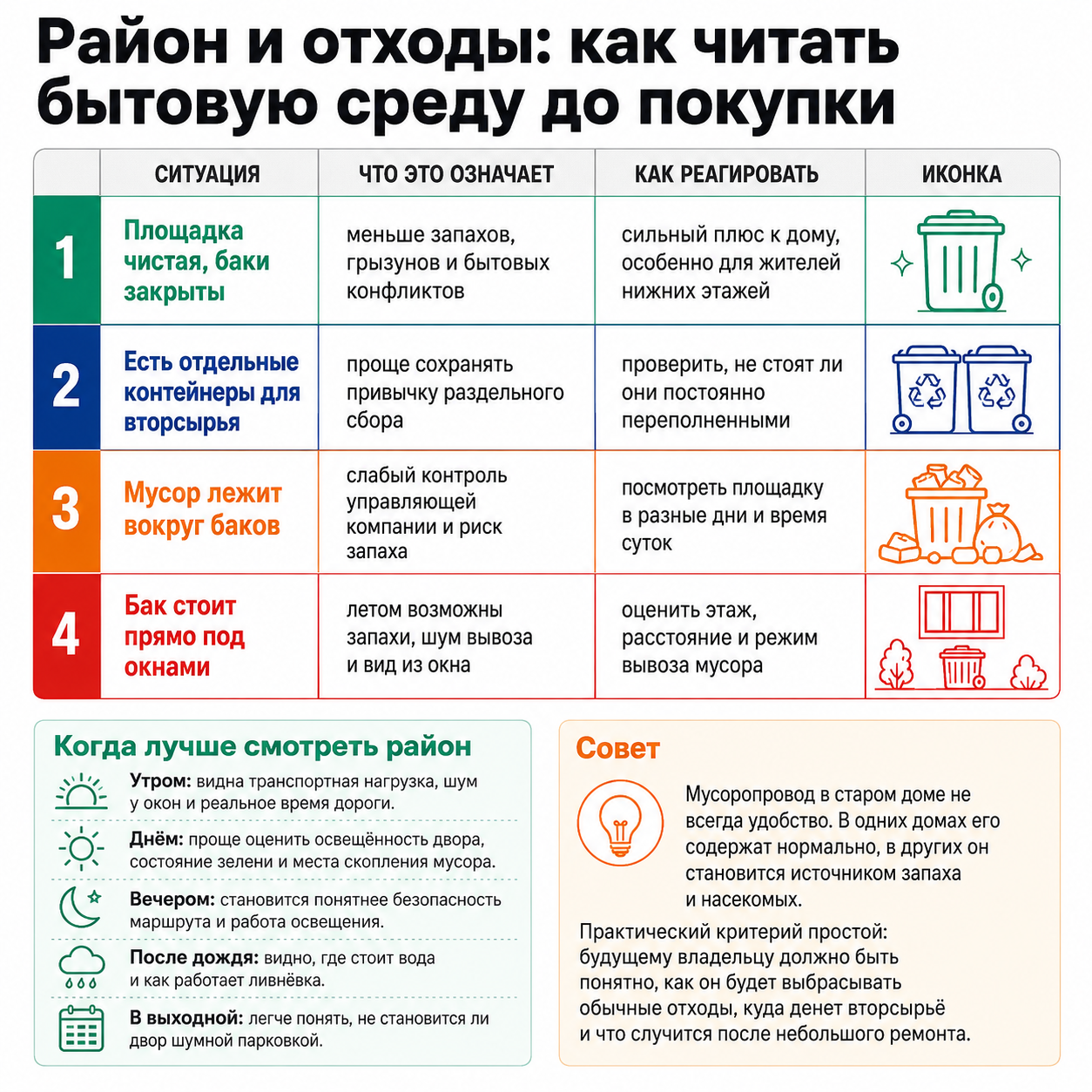 Инфографика оценки района по состоянию мусорных площадок: чистые баки, раздельный сбор, мусор вокруг и расположение баков под окнами — признаки бытовой среды до покупки.