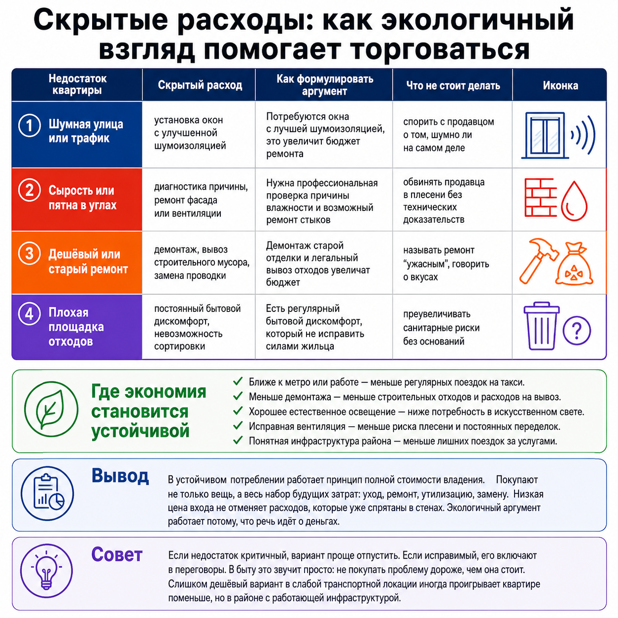 Таблица скрытых расходов при покупке квартиры: шумная улица, сырость, старый ремонт и плохая площадка отходов — как использовать недостатки для торга.